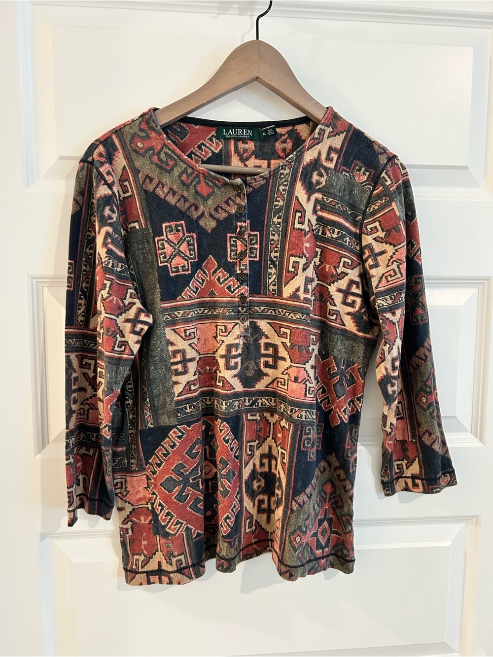 LRL Turkish Kilim Print Henley Top Red Tan Multi Size XL